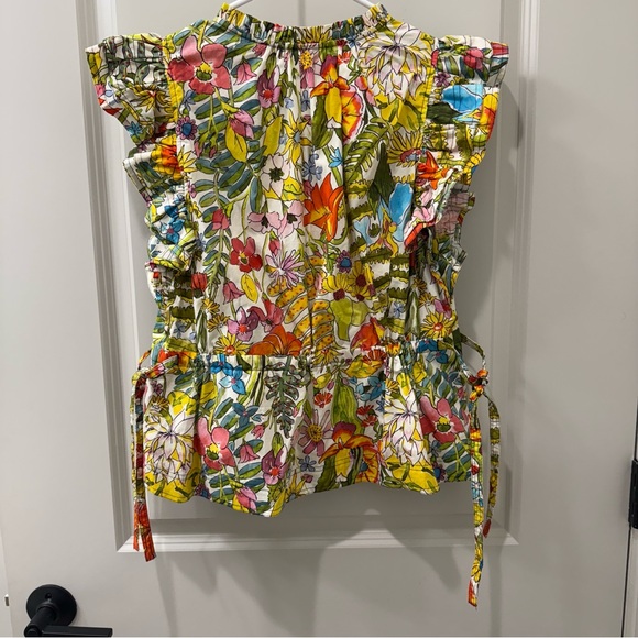 Marie Oliver Olive Ruffle Peplum Blouse Botanic Floral Cotton Poplin S Spring - Picture 6 of 6